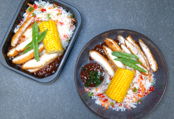 Sweet Spicy & Sticky BBQ Breaded Chicken, Peppered Coconut Rice with a Honey Glaze