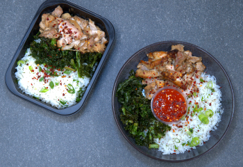 Salt & Pepper Chicken Thigh Sticky Rice & Fried Kale, Chilly Spring Onions