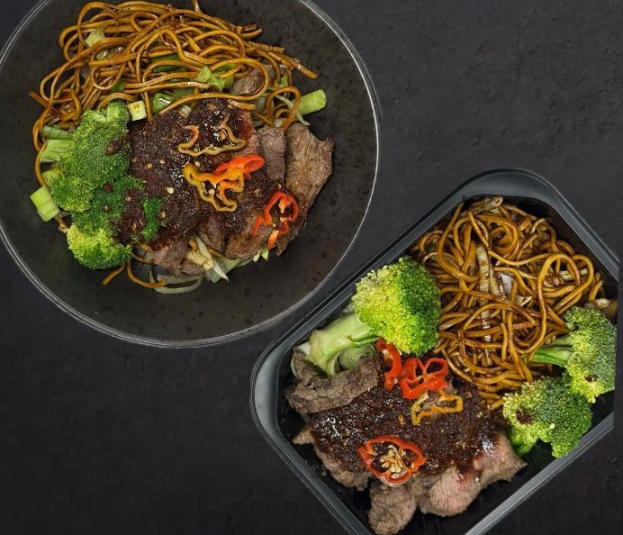 Honey & Chilli Beef Saucy Egg Noodles, Fried Kale, Spring Onions & Red Chillies